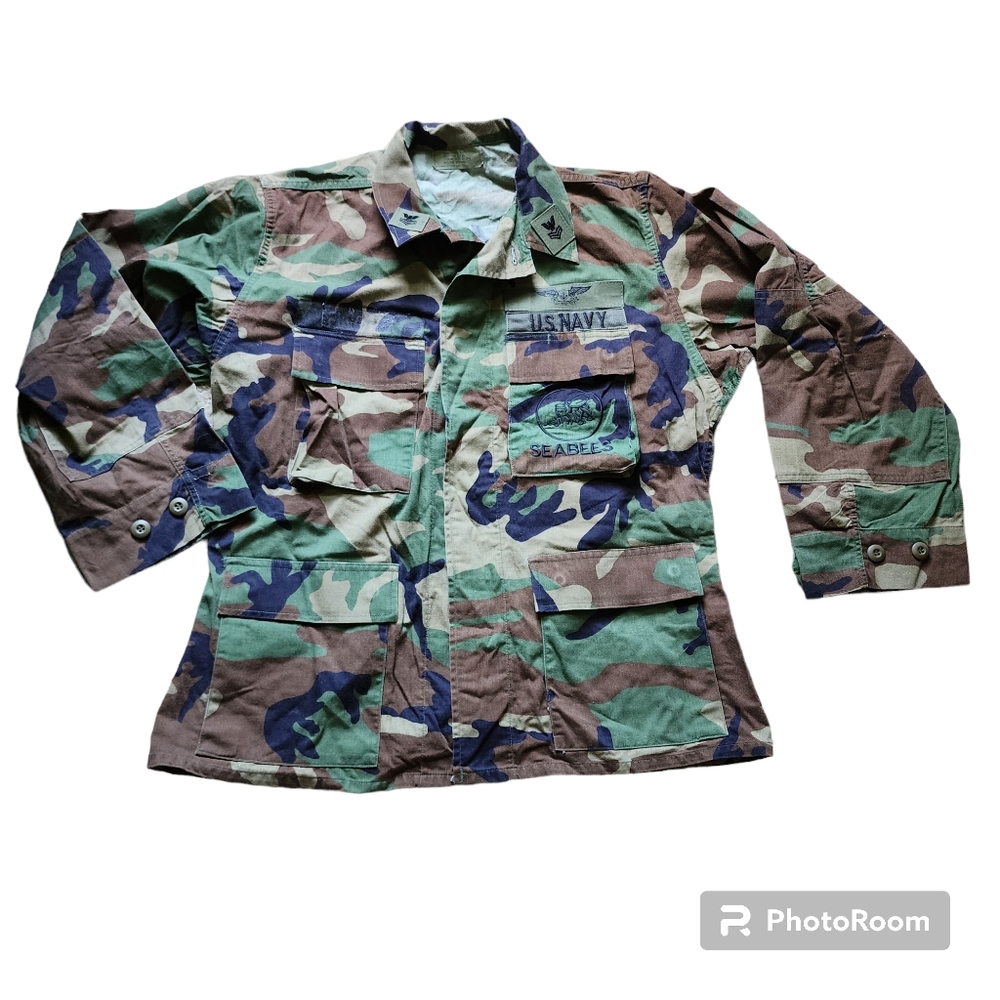 Military surplus vintage woodland camo work uniform top - Medium Euc